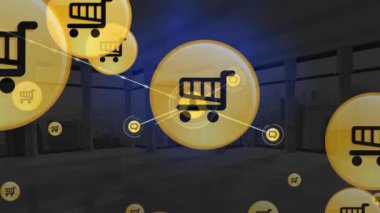 Şehir manzarası üzerindeki simgelerle bağlantı ağının animasyonu. ticari, ağ, bağlantılar, teknoloji ve dijital arayüz kavramı dijital olarak oluşturulmuş video.