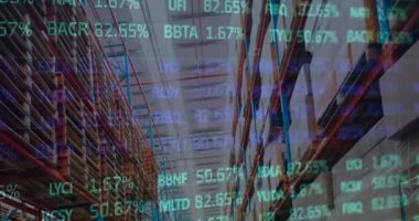 Boş bir depoda veri işleme animasyonu. küresel sevkiyat, dağıtım ve bağlantılar konsepti dijital olarak oluşturulmuş video.