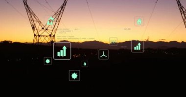 Elektrik hatları üzerinden dijital simgelerin ve veri işlemenin animasyonu. küresel dijital arayüz, veri işleme ve teknoloji konsepti dijital olarak oluşturulmuş video.