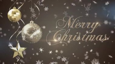 Altın renkli mutlu noeller yazıları ve mücevherlerin animasyonu. Gri arka planda kar taneleri düşüyor. Noel, kış mevsimsel selamlar ve dijital olarak oluşturulan kutlama konsepti.