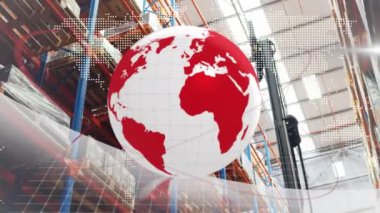 Depodaki rafların üzerinden bağlantı ağının animasyonu. küresel gönderim ve bağlantılar konsepti dijital olarak oluşturulmuş video.