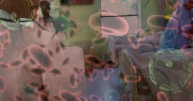 Hastanedeki doktorlar üzerinde kovid 19 hücrenin animasyonu. küresel covid 19 salgın, ilaç ve sağlık hizmetleri konsepti dijital olarak oluşturulmuş video.