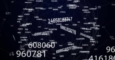 Siyah arka plandaki iş metinleriyle bağlantı ağının animasyonu. iletişim teknolojisi, veri paylaşımı ve dijital arayüz konsepti dijital olarak oluşturulmuş video.