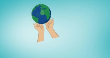 Mavi arka planda dünyayı tutan ellerin animasyonu. küresel koruma ve yeşil farkındalık kavramı dijital olarak oluşturulmuş video.