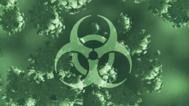 Uyarı işaretinin üzerinde uçan covid 19 hücrenin animasyonu. küresel covid 19 salgın, ilaç ve sağlık hizmetleri konsepti dijital olarak oluşturulmuş video.