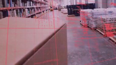 Boş bir depoda veri işleme animasyonu. küresel sevkiyat, dağıtım ve bağlantılar konsepti dijital olarak oluşturulmuş video.