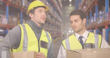 Depoda çalışan insanların veri işleme animasyonları. küresel sevkiyat, dağıtım ve bağlantılar konsepti dijital olarak oluşturulmuş video.