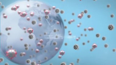 Dünya üzerinde uçan Coperid 19 hücrenin animasyonu. küresel covid 19 salgın, ilaç ve sağlık hizmetleri konsepti dijital olarak oluşturulmuş video.
