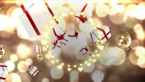 コピースペースと背景にプレゼントと妖精の光のフレームのアニメーション クリスマス お祝いのコンセプトデジタルで生成されたビデオ — ストック動画
