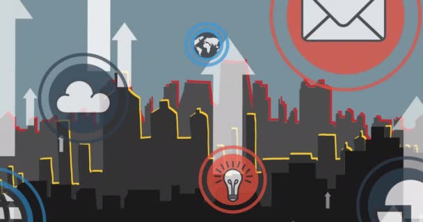 Animación Flechas Iconos Sobre Paisaje Urbano Negocio Redes Conexiones Tecnología — Vídeo de stock