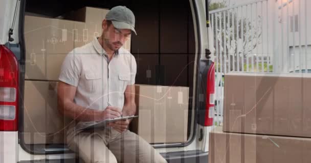 Animación Del Procesamiento Datos Sobre Cajas Embalaje Hombre Coche Concepto — Vídeo de stock