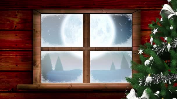 Animacja Zimowej Scenerii Dekoracją Świąteczną Widzianą Przez Okno Boże Narodzenie — Wideo stockowe