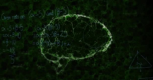黒の背景に人間の脳のデジタルモデル上の数学方程式のアニメーション 世界中の医療 テクノロジーの概念をデジタルで生成し — ストック動画