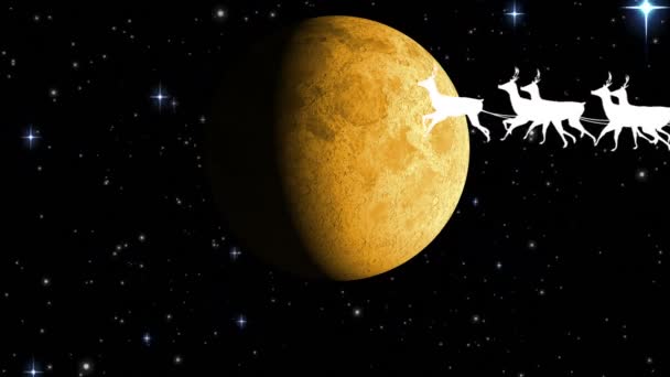 Анимация Санта Клауса Санях Северным Оленем Над Луной Снегопадом Рождество — стоковое видео