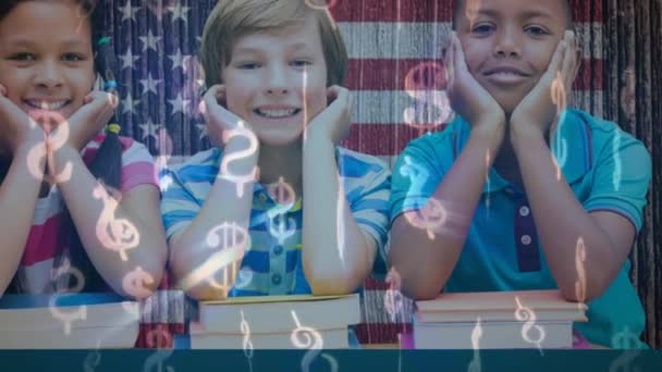 Animacja Uśmiechniętych Uczniów Śpiewających Dolara Nad Amerykańską Flagą Patriotyzm Koncepcja — Wideo stockowe