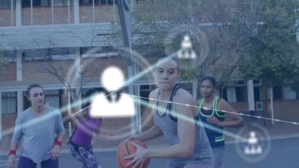 Animación Redes Conexiones Sobre Jugadoras Baloncesto Redes Sociales Globales Conexiones — Vídeo de stock