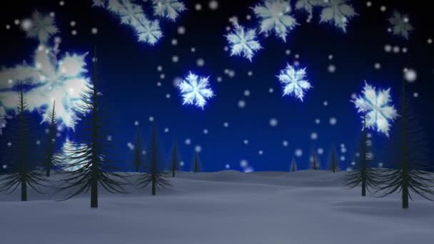 Анімація Снігу Падає Над Деревами Синьому Фоні Різдво Традиція Концепція — стокове відео