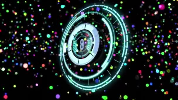 Animação Scanner Circular Com Contagem Regressiva Sobre Manchas Luz Multicoloridas — Vídeo de Stock