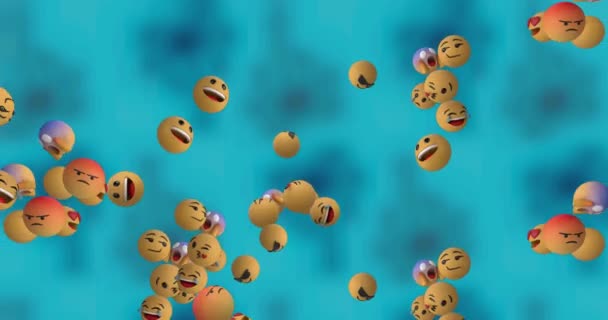 Κινούμενα Σχέδια Πολλαπλών Falling Emojis Μπλε Φόντο Έννοια Των Μέσων — Αρχείο Βίντεο