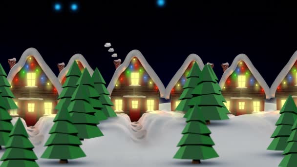 Animazione Neve Che Cade Sopra Case Con Luci Fata Natale — Video Stock