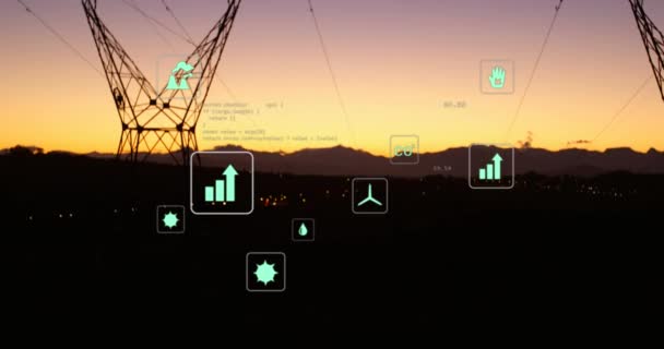 Animação Ícones Digitais Processamento Dados Através Linhas Energia Interface Digital — Vídeo de Stock