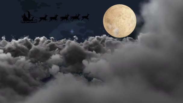 Анимация Санта Клауса Санях Северным Оленем Над Облаками Луной Рождество — стоковое видео