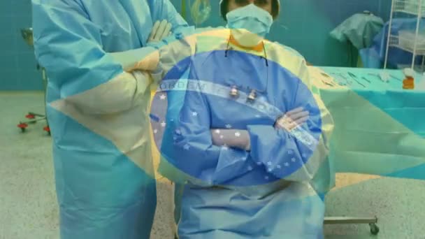 Animatie Van Vlag Van Brazilië Zwaaien Chirurgen Het Gezicht Maskers — Stockvideo