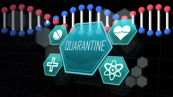 Animation Des Quarantäne Textes Über Dem Dna Strang Global Covid — Stockvideo