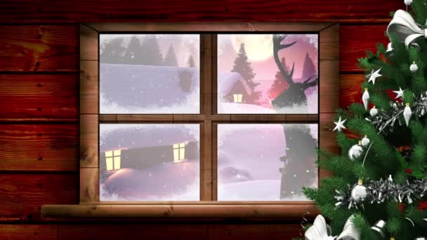 Animatie Van Winter Landschap Met Kerst Decoratie Gezien Door Het — Stockvideo