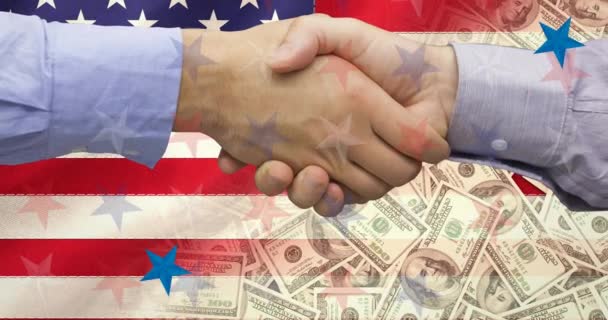 Animation Business People Shaking Hands American Flag Patriotism Celebration Concept — Stock Video