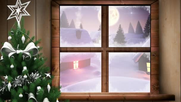 Animación Paisajes Invernales Con Decoración Navideña Vista Través Ventana Navidad — Vídeos de Stock