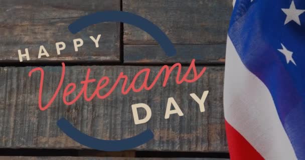 Animazione Felici Veterani Giorno Testo Bandiera Americana Sfondo Legno Patriottismo — Video Stock