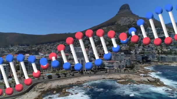 Animation Rotating Dna Strand Moving Mountain Modern Coastal Town — Stock Video