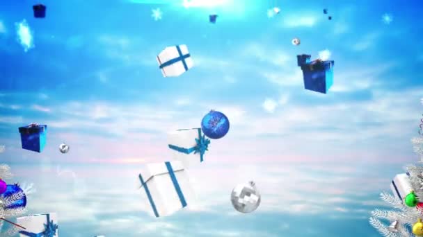 Анімація Двох Прикрашених Ялин Падаючими Сніжинками Подарунками Сукнями Блакитному Небі — стокове відео
