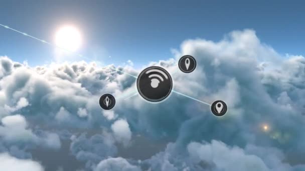 Анимация Сети Связей Иконками Над Облаками Небе Глобальные Онлайн Соединения — стоковое видео