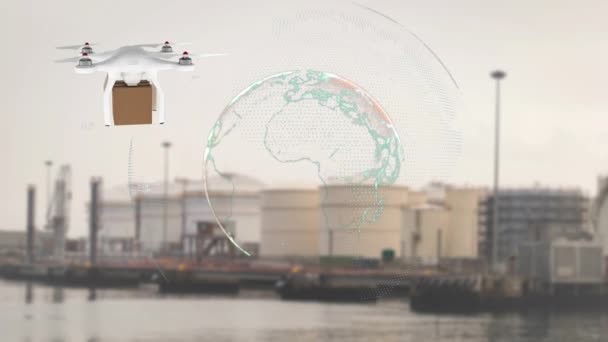 Animacja Sieci Połączeń Nad Dronem Paczką Nad Portem Globalna Żegluga — Wideo stockowe