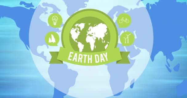 青い世界地図上の地球の日のテキストと緑の地球のロゴのアニメーション 地球規模の保全とグリーン意識の概念をデジタルで — ストック動画