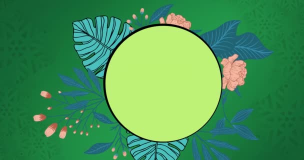 在绿色背景的花朵之上 动画的地球日生态文字和标志 全球环保及环保意识概念数码录影 — 图库视频影像