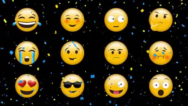 Animation Von Emojis Symbolen Über Fallendem Konfetti Globales Social Media — Stockvideo