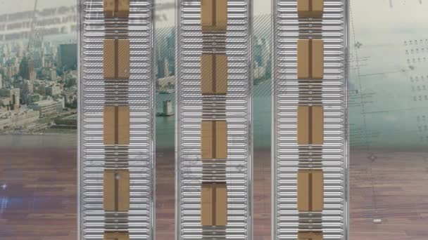 コンベヤベルトや街並み上の段ボール箱上の統計処理のアニメーション 世界的な出荷と接続の概念デジタル生成されたビデオ — ストック動画