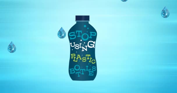 Animation Stop Using Plastic Text Bottle Falling Droplets Blue Background — Stock Video