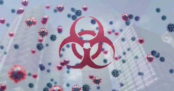 Animation Signe Danger Biologique Dessus Paysage Urbain Des Cellules Coronavirus — Video