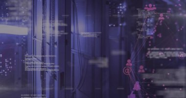 Sunucu odasındaki veri işleme sisteminde dönen pembe dijital simgelerin dijital kompozit görüntüsü. Küresel ağ oluşturma ve çevrimiçi güvenlik kavramı
