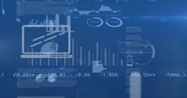Finansal veri işleme ve mavi arka planda hareket eden dijital simgelerin dijital görüntüsü. küresel finans ve iş konsepti
