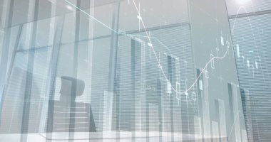 Boş ofise karşı finansal veri işlemenin dijital kompozit görüntüsü. küresel finans ve iş kavramı