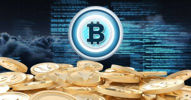 Bulutların üzerinde altın paralar ve rastgele uçan dijital kodlarla titreşen mavi bir bitcoin 'in ön görüntüsü. 