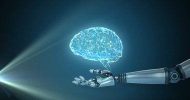 3D mavi parlayan insan beyninin robot koluyla parlayan mavi arka plana uzanırken görüntüsü. Küresel bilim yapay zeka kavramı dijital olarak oluşturulmuş görüntü.