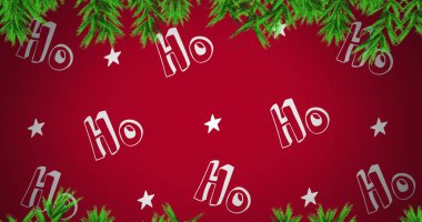 Ho, ho, ho metin ve köknar ağacı dalları kırmızı arkaplanda hareket eden beyaz yıldızlar. Noel kutlaması konsepti dijital olarak oluşturulmuş görüntü.