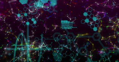 Veri işleme ve grafik ile dijital arayüzün resmi siyah arkaplanda yüzen bağlantılar ağı üzerinde. 