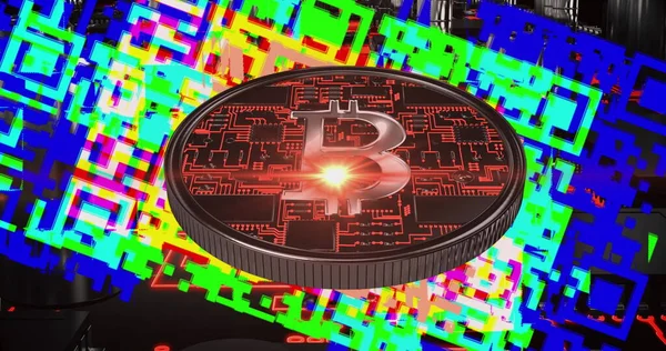 Imagem Bitcoin Vermelho Código Detalhes Metálicos Brilhantes Placa Circuito Computador — Fotografia de Stock